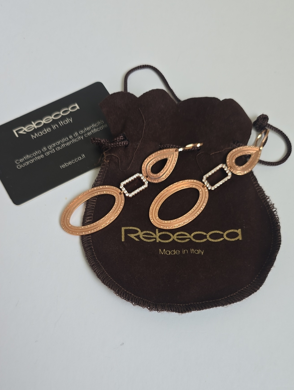 REBECCA Rose Gold Oval Drop Earrings with Crystal Accents- made In Italy